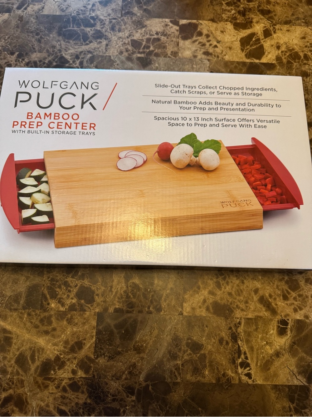 Wolfgang Puck Bamboo Prep Center - Cutting Board with Built-In Storage Trays